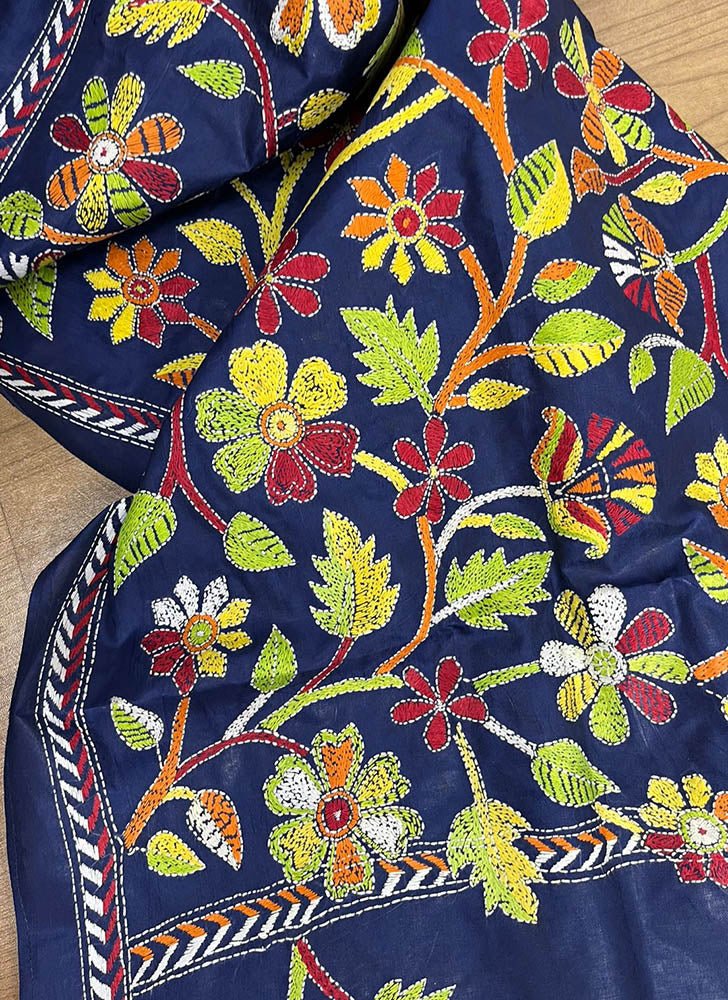 Blue Hand Embroidered Kantha Pure Bangalore Silk Stole - Luxurion World