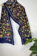 Blue Hand Embroidered Kantha Pure Bangalore Silk Stole - Luxurion World