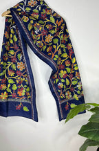 Blue Hand Embroidered Kantha Pure Bangalore Silk Stole - Luxurion World