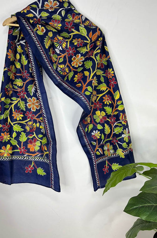 Blue Hand Embroidered Kantha Pure Bangalore Silk Stole - Luxurion World