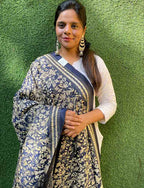 Blue Hand Embroidered Kantha Pure Banglore Silk Dupatta - Luxurion World