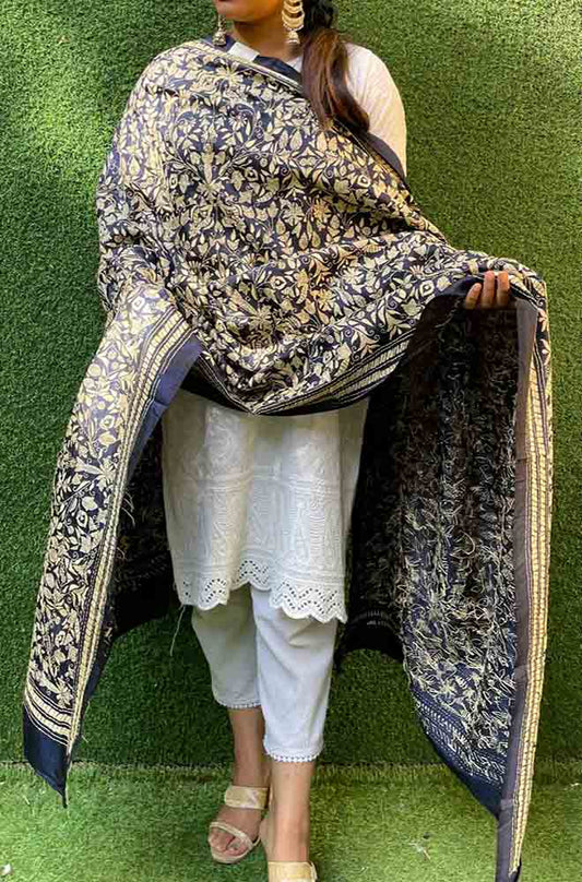 Blue Hand Embroidered Kantha Pure Banglore Silk Dupatta - Luxurion World