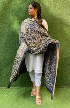 Blue Hand Embroidered Kantha Pure Banglore Silk Dupatta - Luxurion World