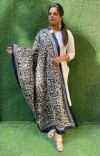 Blue Hand Embroidered Kantha Pure Banglore Silk Dupatta - Luxurion World