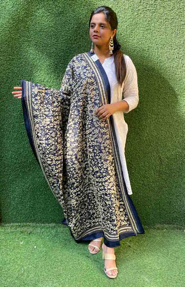Blue Hand Embroidered Kantha Pure Banglore Silk Dupatta - Luxurion World