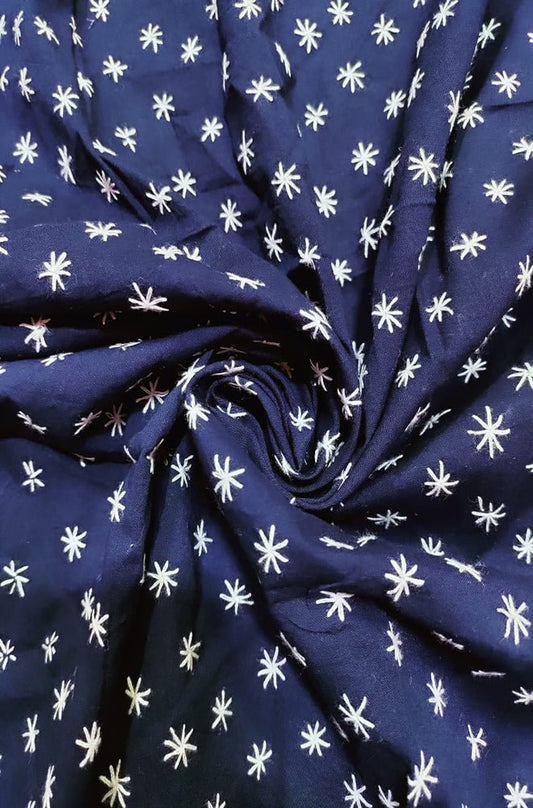 Blue Hand Embroidered Kantha Work Cotton Blouse Piece ( 1 Mtr )