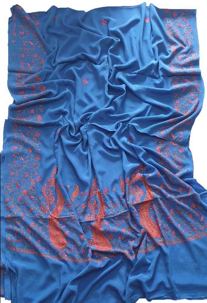Blue Hand Embroidered Kashmiri Sozni Work Crepe Saree