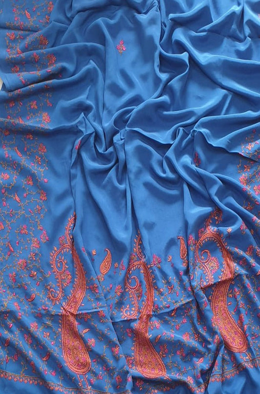 Blue Hand Embroidered Kashmiri Sozni Work Crepe Saree - Luxurion World
