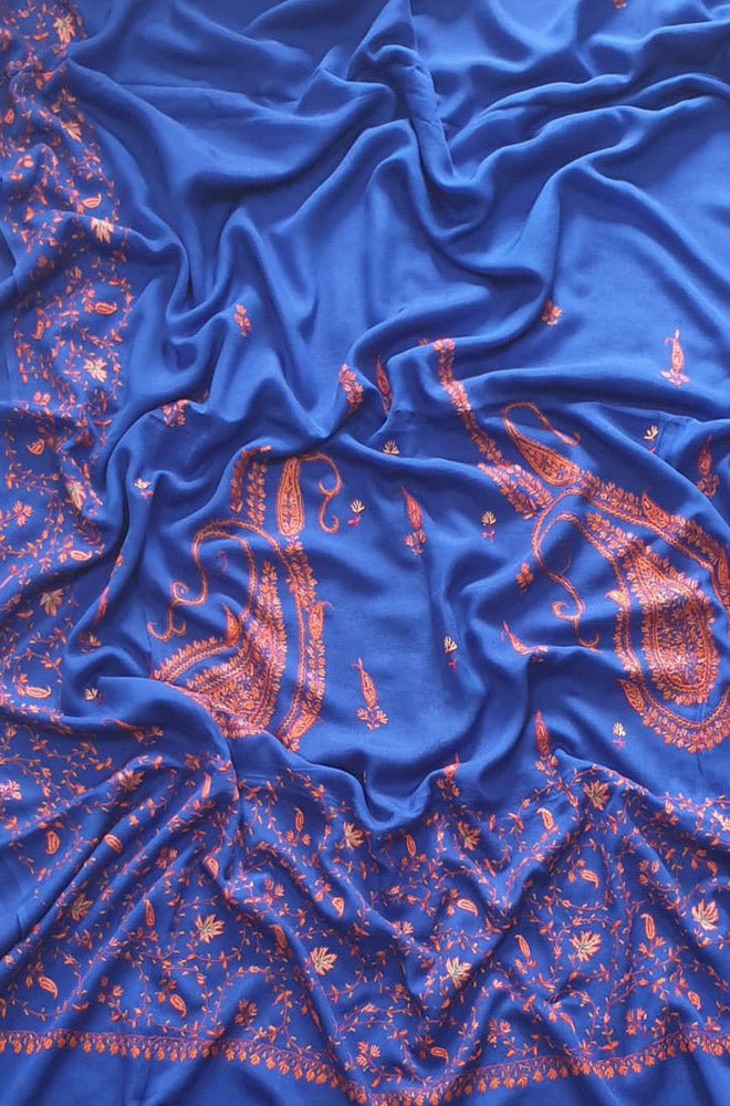 Blue Hand Embroidered Kashmiri Sozni Work Crepe SareeLuxurionworld
