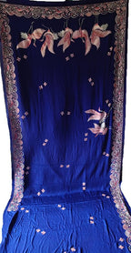 Blue Hand Embroidered Parsi Gara Crepe Bird Design Saree - Luxurion World