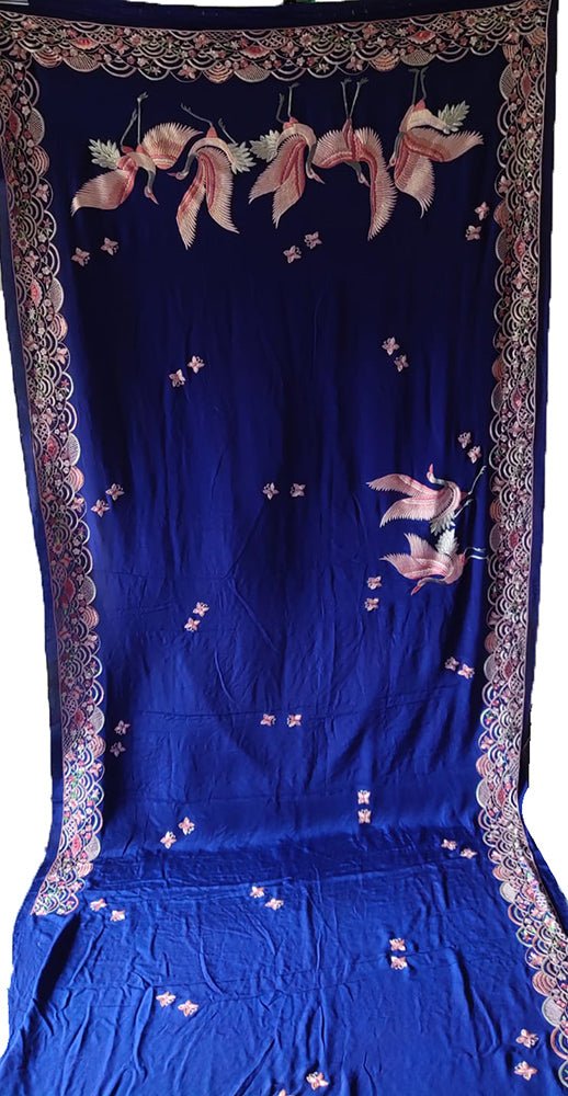 Blue Hand Embroidered Parsi Gara Crepe Bird Design Saree - Luxurion World