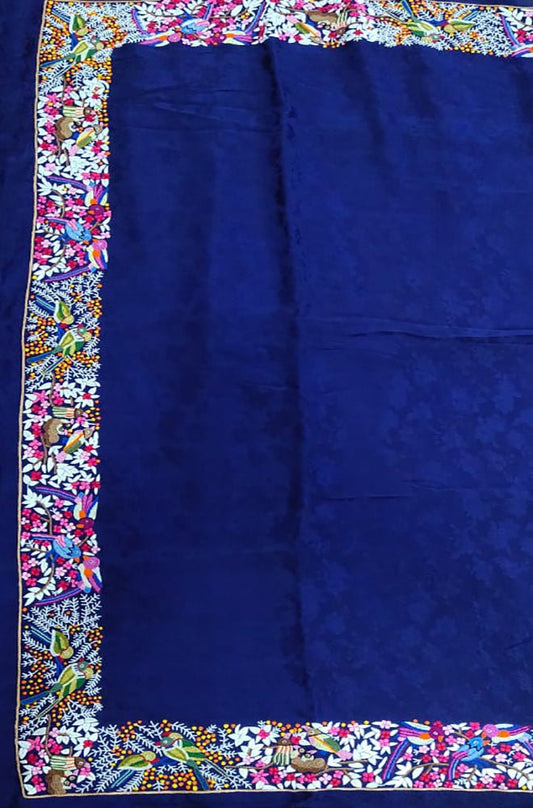 Blue Hand Embroidered Parsi Gara Crepe Bird Design Saree - Luxurion World