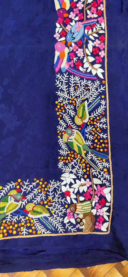 Blue Hand Embroidered Parsi Gara Crepe Bird Design Saree