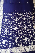 Blue Hand Embroidered Parsi Gara Crepe Bird Design Saree - Luxurion World