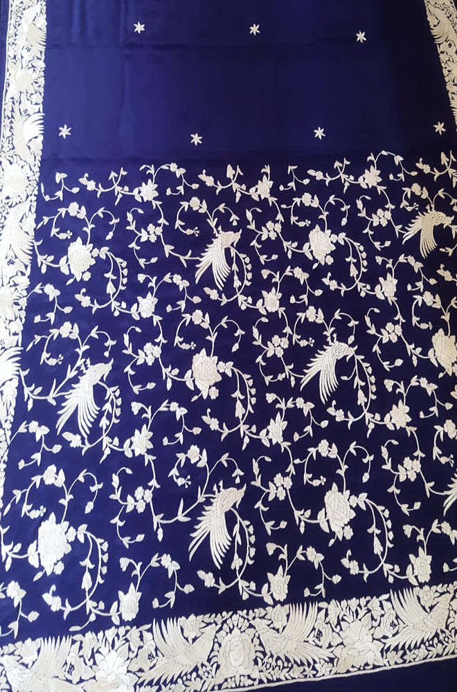 Blue Hand Embroidered Parsi Gara Crepe Bird Design Saree - Luxurion World
