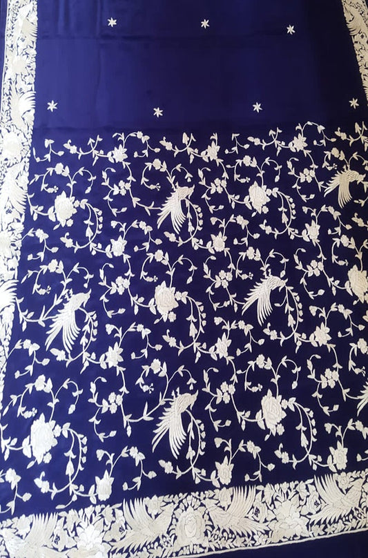 Blue Hand Embroidered Parsi Gara Crepe Bird Design Saree - Luxurion World