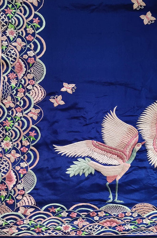 Blue Hand Embroidered Parsi Gara Crepe Bird Design Saree - Luxurion World
