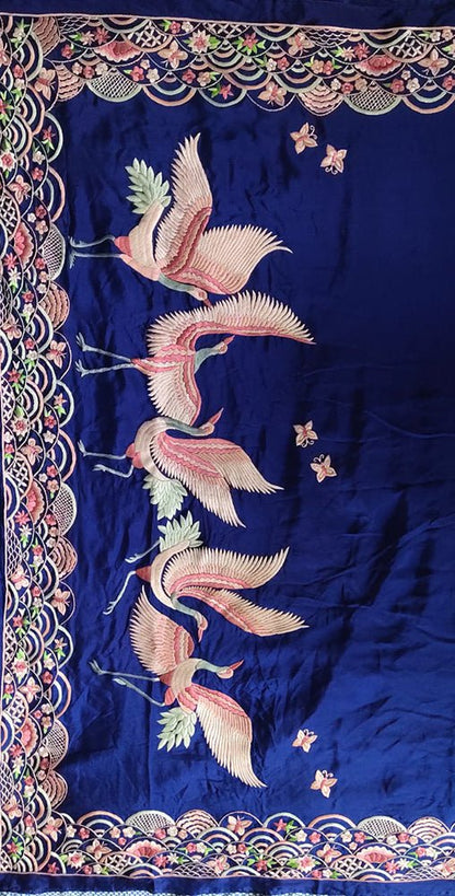 Blue Hand Embroidered Parsi Gara Crepe Bird Design Saree