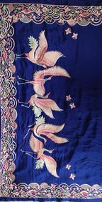 Blue Hand Embroidered Parsi Gara Crepe Bird Design Saree - Luxurion World