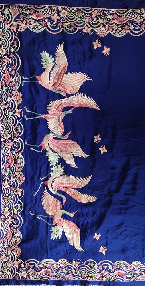 Blue Hand Embroidered Parsi Gara Crepe Bird Design Saree - Luxurion World