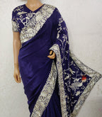 Blue Hand Embroidered Parsi Gara Crepe Floral Design Saree - Luxurion World