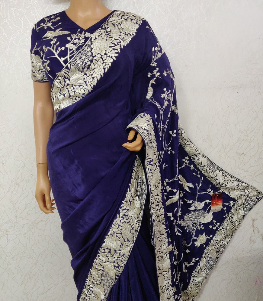 Blue Hand Embroidered Parsi Gara Crepe Floral Design Saree - Luxurion World