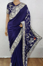 Blue Hand Embroidered Parsi Gara Crepe Floral Design Saree - Luxurion World