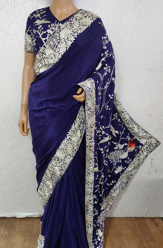 Blue Hand Embroidered Parsi Gara Crepe Floral Design Saree - Luxurion World