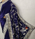 Blue Hand Embroidered Parsi Gara Crepe Floral Design Saree - Luxurion World