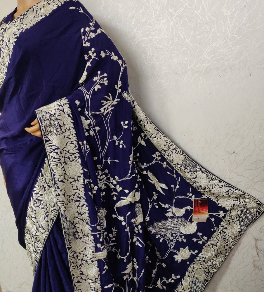 Blue Hand Embroidered Parsi Gara Crepe Floral Design Saree - Luxurion World