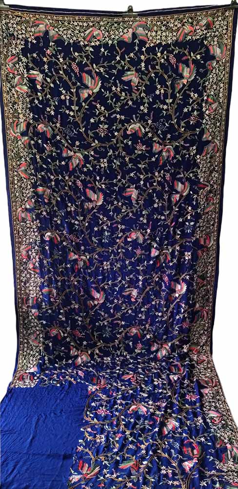 Blue Hand Embroidered Parsi Gara Pure Crepe Bird Design Saree - Luxurion World