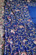 Blue Hand Embroidered Parsi Gara Pure Crepe Bird Design Saree - Luxurion World