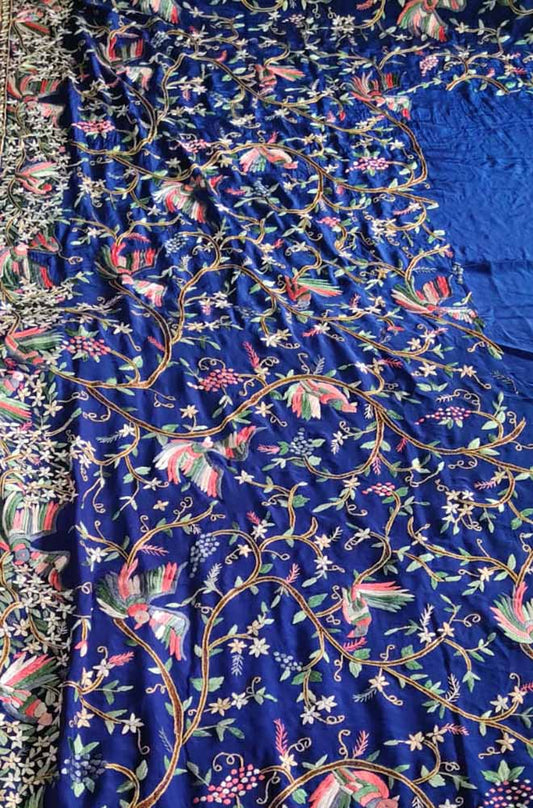 Blue Hand Embroidered Parsi Gara Pure Crepe Bird Design Saree - Luxurion World