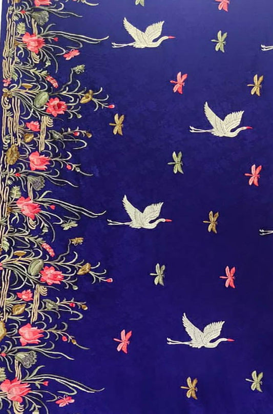 Blue Hand Embroidered Parsi Gara Pure Crepe Bird Design Saree - Luxurion World