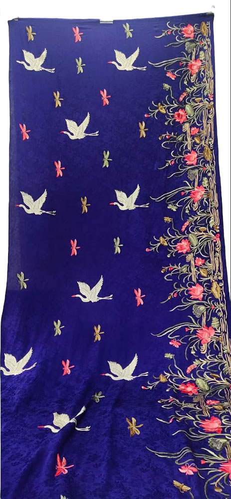 Blue Hand Embroidered Parsi Gara Pure Crepe Bird Design Saree - Luxurion World