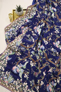 Blue Hand Embroidered Parsi Gara Pure Crepe Saree - Luxurion World