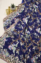 Blue Hand Embroidered Parsi Gara Pure Crepe Saree - Luxurion World