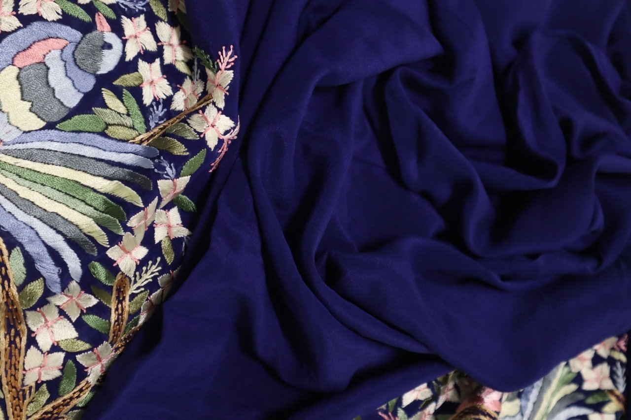 Blue Hand Embroidered Parsi Gara Pure Crepe Saree - Luxurion World