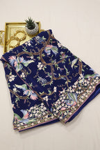 Blue Hand Embroidered Parsi Gara Pure Crepe Saree - Luxurion World