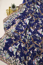 Blue Hand Embroidered Parsi Gara Pure Crepe Saree - Luxurion World