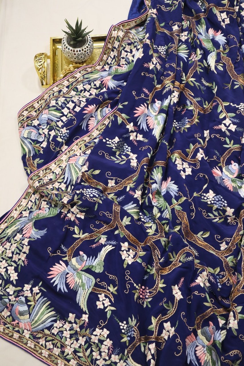 Blue Hand Embroidered Parsi Gara Pure Crepe Saree - Luxurion World