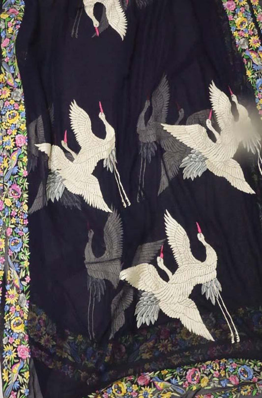 Blue Hand Embroidered Parsi Gara Pure Georgette Dupatta - Luxurion World