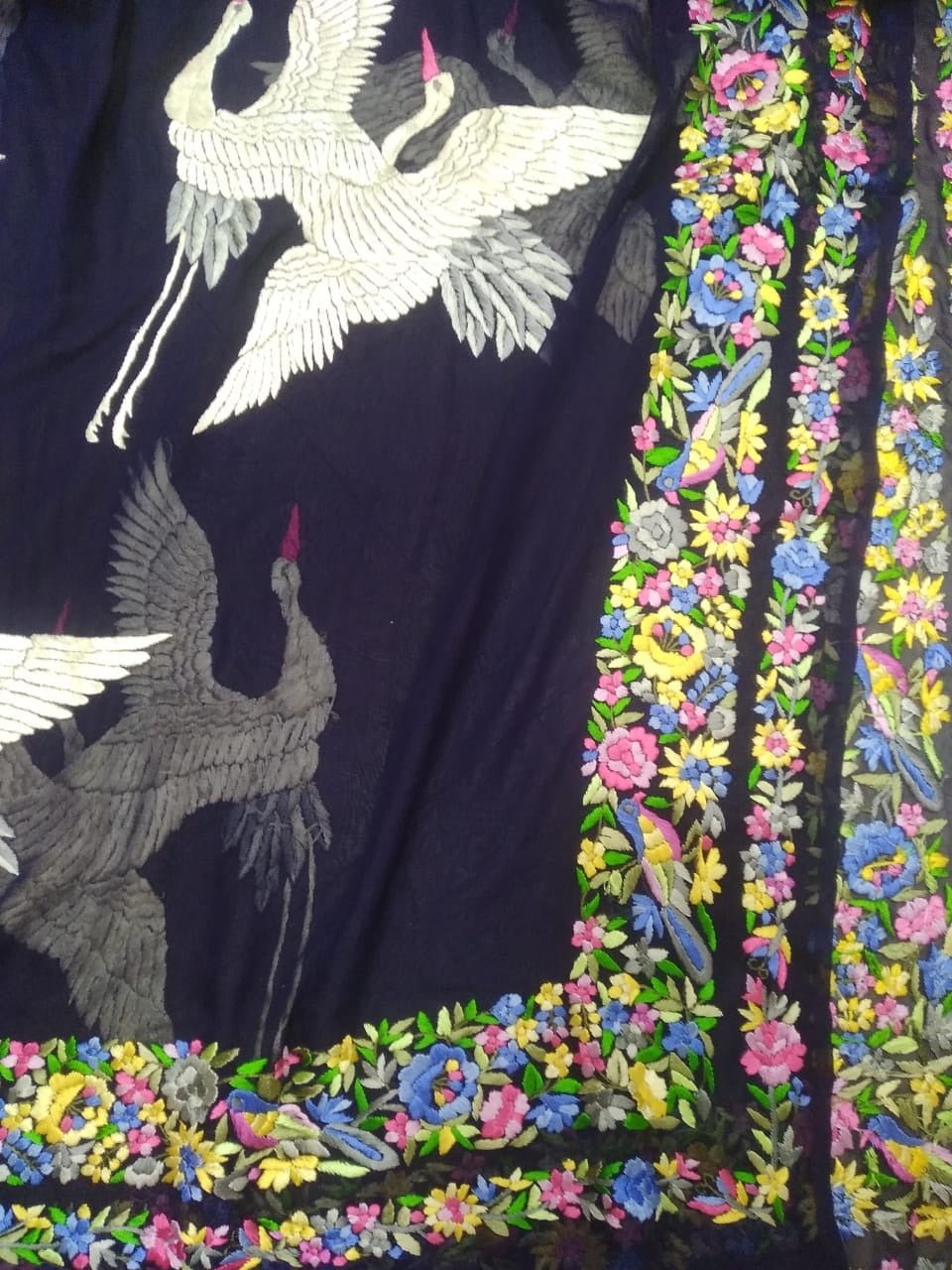 Blue Hand Embroidered Parsi Gara Pure Georgette Dupatta - Luxurion World