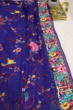 Blue Hand Embroidered Parsi Gara Pure Georgette Dupatta - Luxurion World