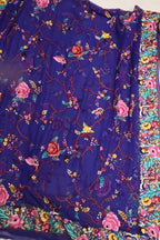Blue Hand Embroidered Parsi Gara Pure Georgette Dupatta - Luxurion World