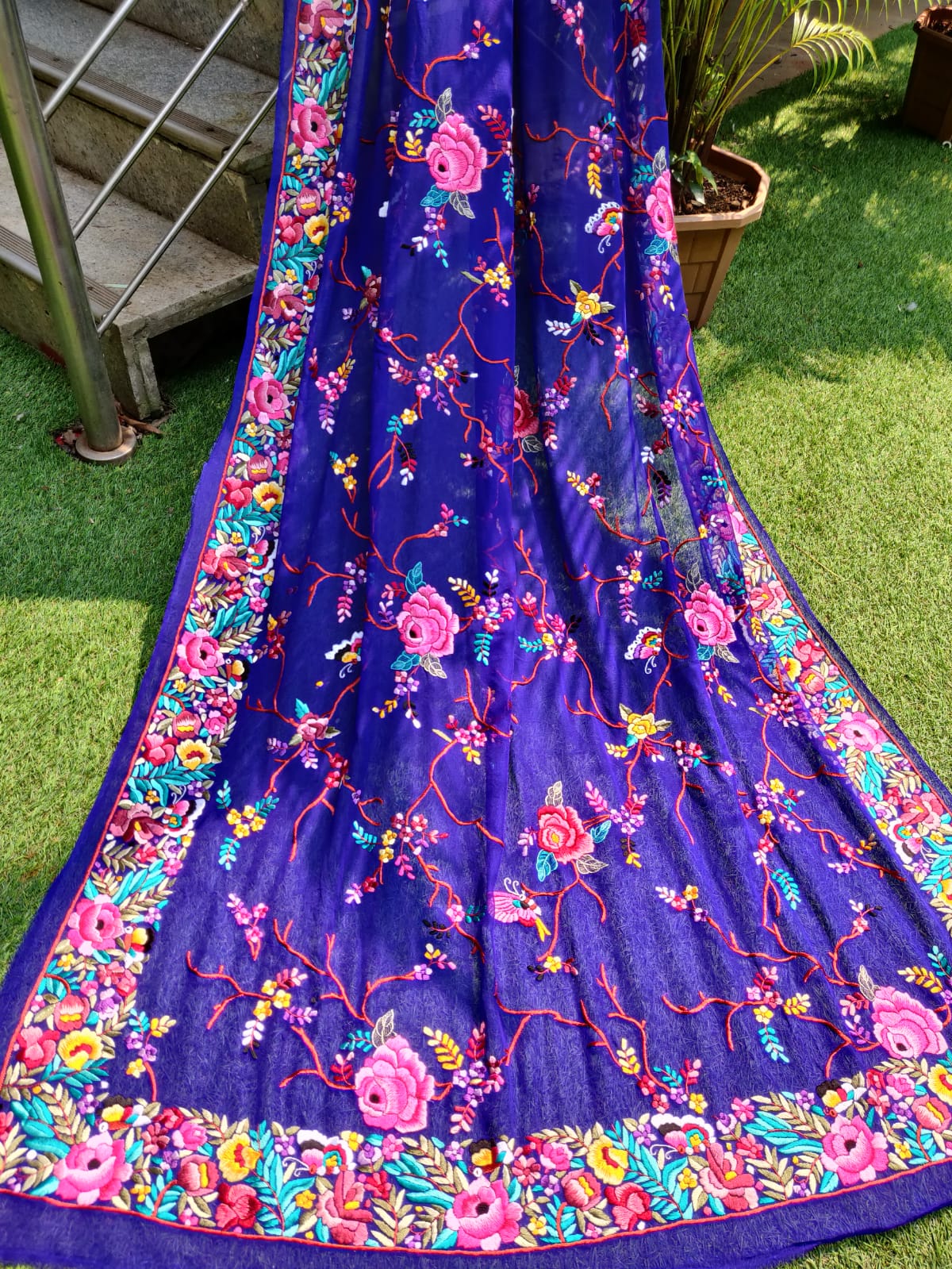 Blue Hand Embroidered Parsi Gara Pure Georgette Dupatta - Luxurion World