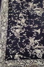 Blue Hand Embroidered Parsi Gara Pure Georgette Floral And Bird Design Saree - Luxurion World