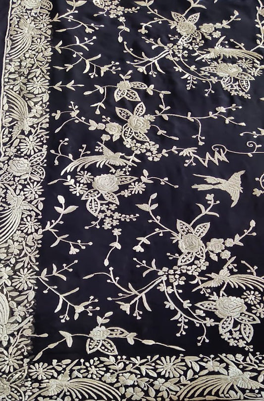 Blue Hand Embroidered Parsi Gara Pure Georgette Floral And Bird Design Saree - Luxurion World