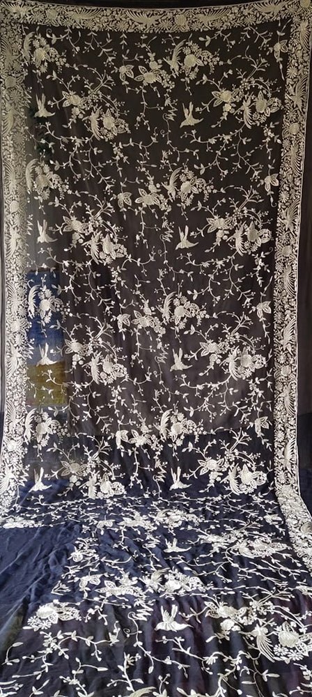 Blue Hand Embroidered Parsi Gara Pure Georgette Floral And Bird Design Saree - Luxurion World