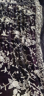 Blue Hand Embroidered Parsi Gara Pure Georgette Floral And Bird Design Saree - Luxurion World